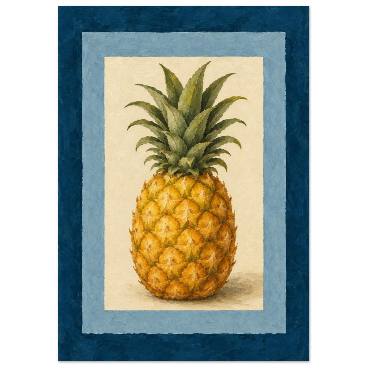 A framed-style art print featuring a painted pineapple centered within layered blue borders on a white background.