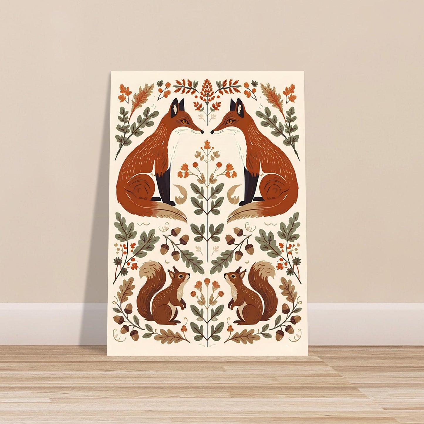 Foxes & Ferns Scandinavian folk art print displayed leaning against a wall, showcasing symmetrical foxes, squirrels and woodland flowers.