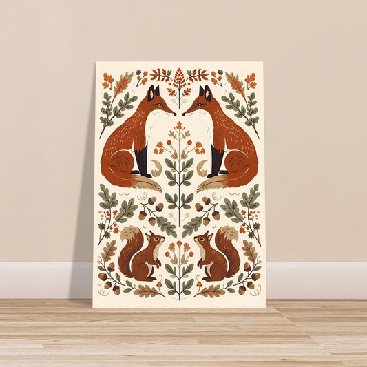 Foxes & Ferns Scandinavian folk art print displayed leaning against a wall, showcasing symmetrical foxes, squirrels and woodland flowers.