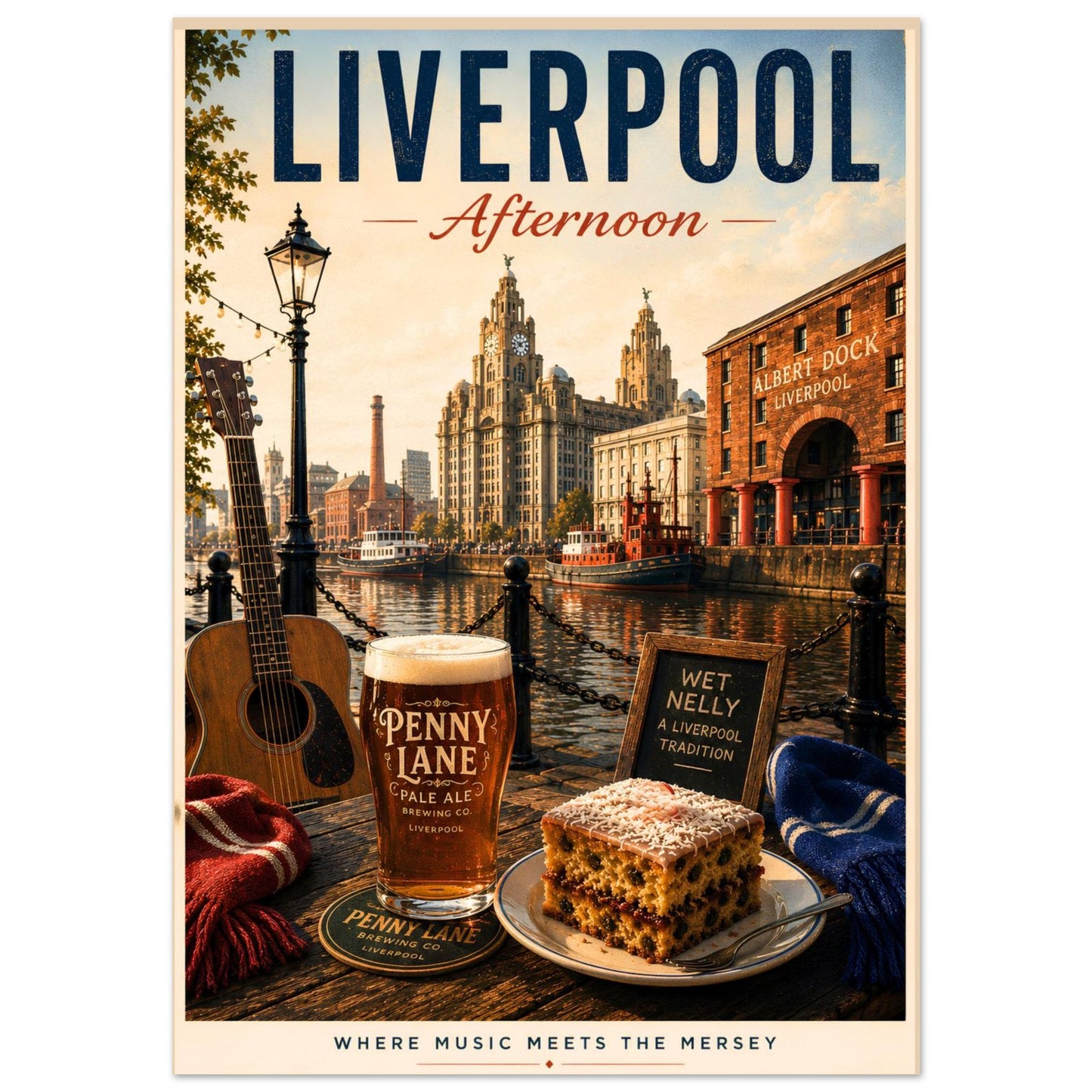 Liverpool Afternoon travel print featuring the Royal Liver Building, waterfront views, traditional Wet Nelly and a locally inspired pale ale.