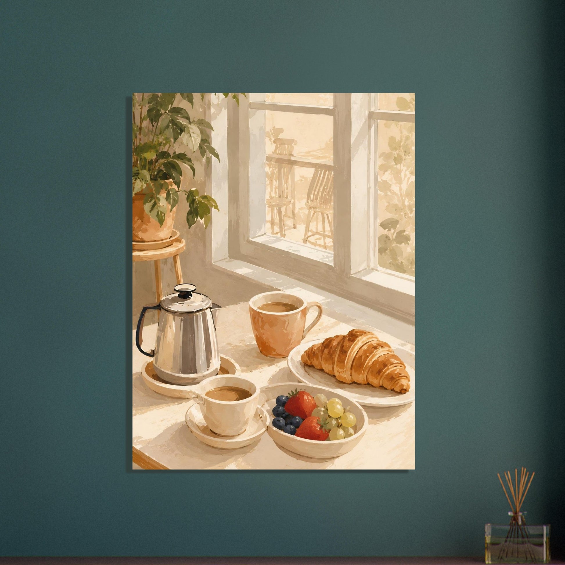 Framed artwork of a breakfast scene with coffee, croissant, and fruits on a table by a window.