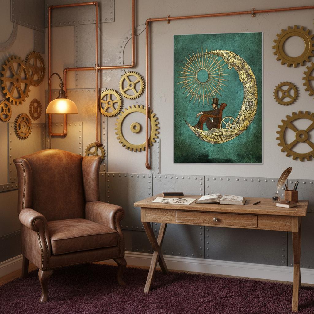 Decorative interior with a brown armchair, wooden desk, and wall art featuring gears and a crescent moon.