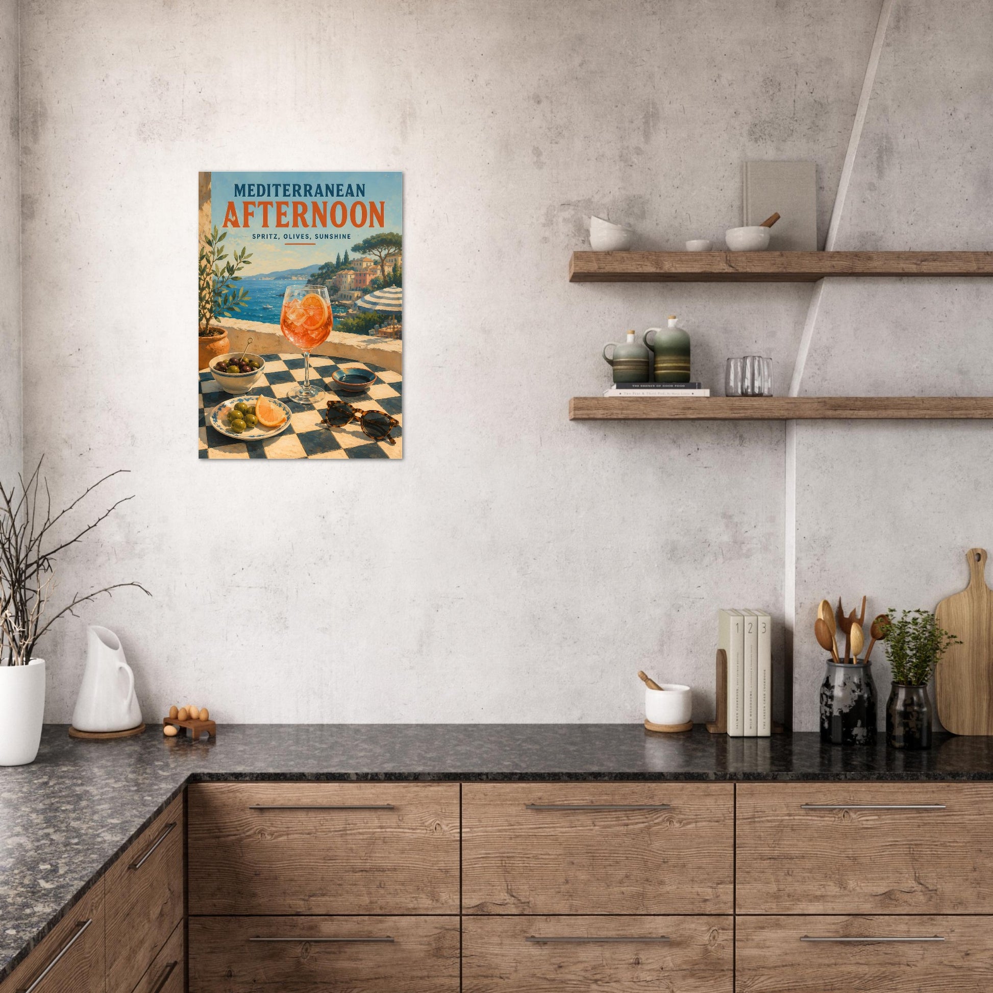 Italian summer wall art featuring a spritz and sea view displayed in a modern kitchen setting
