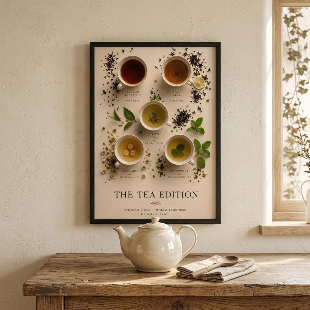 Tea Edition Poster displayed above a wooden console table featuring English Breakfast, Earl Grey, Green Tea, Chamomile and Peppermint in a luxury editorial layout.