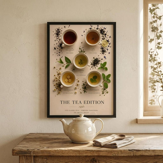 Tea Edition Poster displayed above a wooden console table featuring English Breakfast, Earl Grey, Green Tea, Chamomile and Peppermint in a luxury editorial layout.