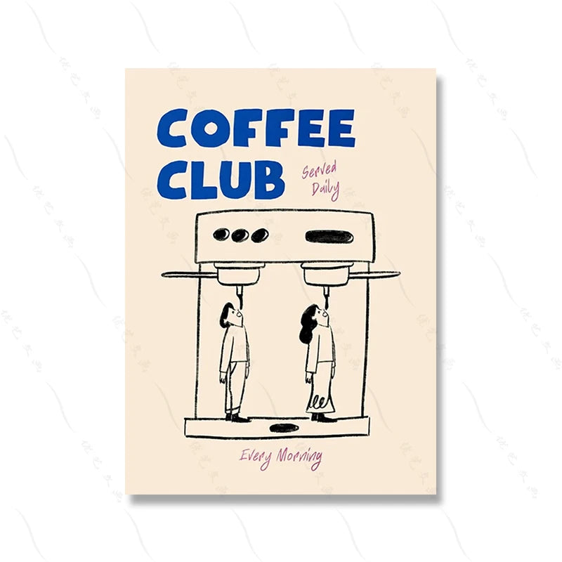 Book cover of 'Coffee Club' with cartoon illustration of two people under a coffee machine on a beige background.