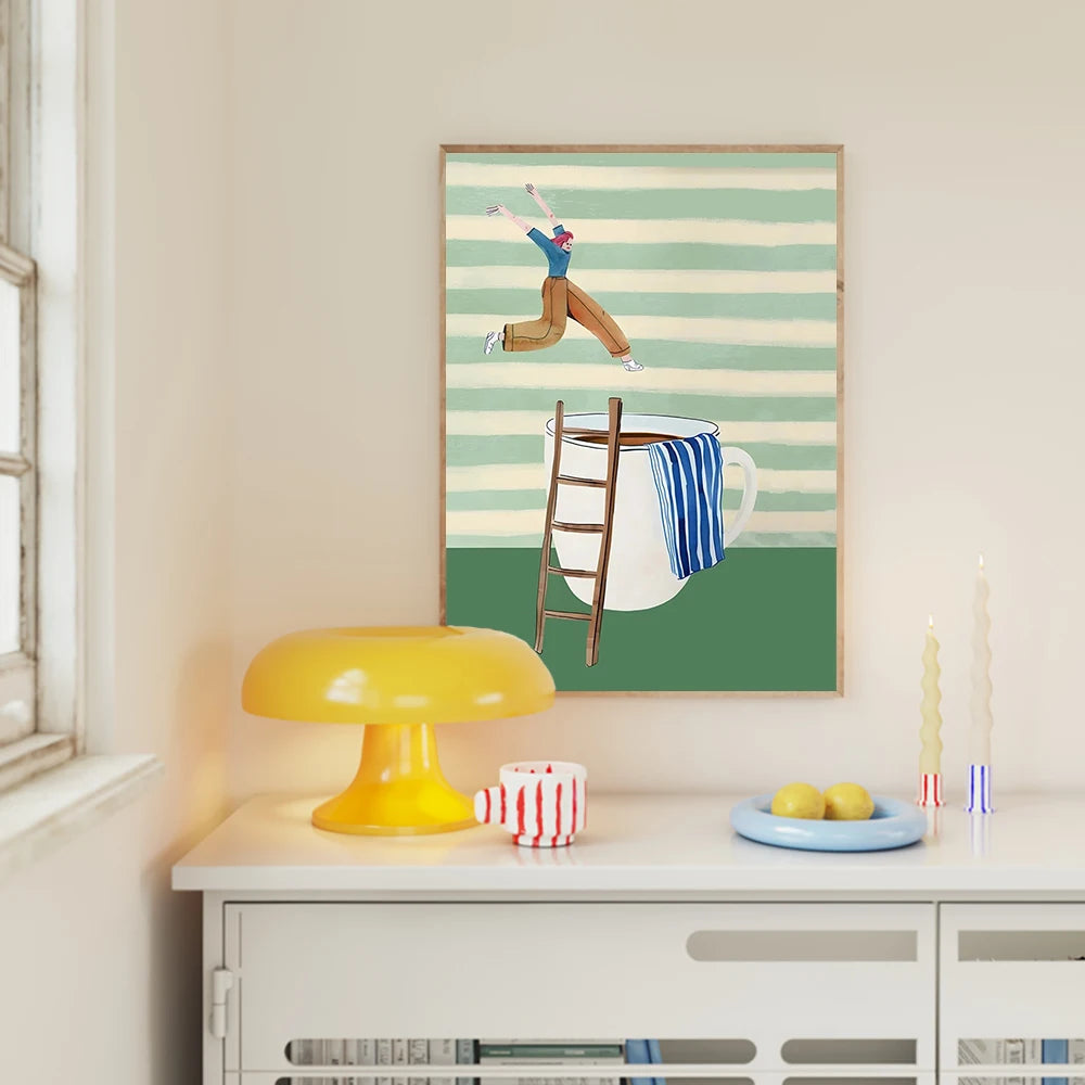 Framed artwork of a person climbing a ladder into a cup against a striped background, displayed on a wall above a cabinet.