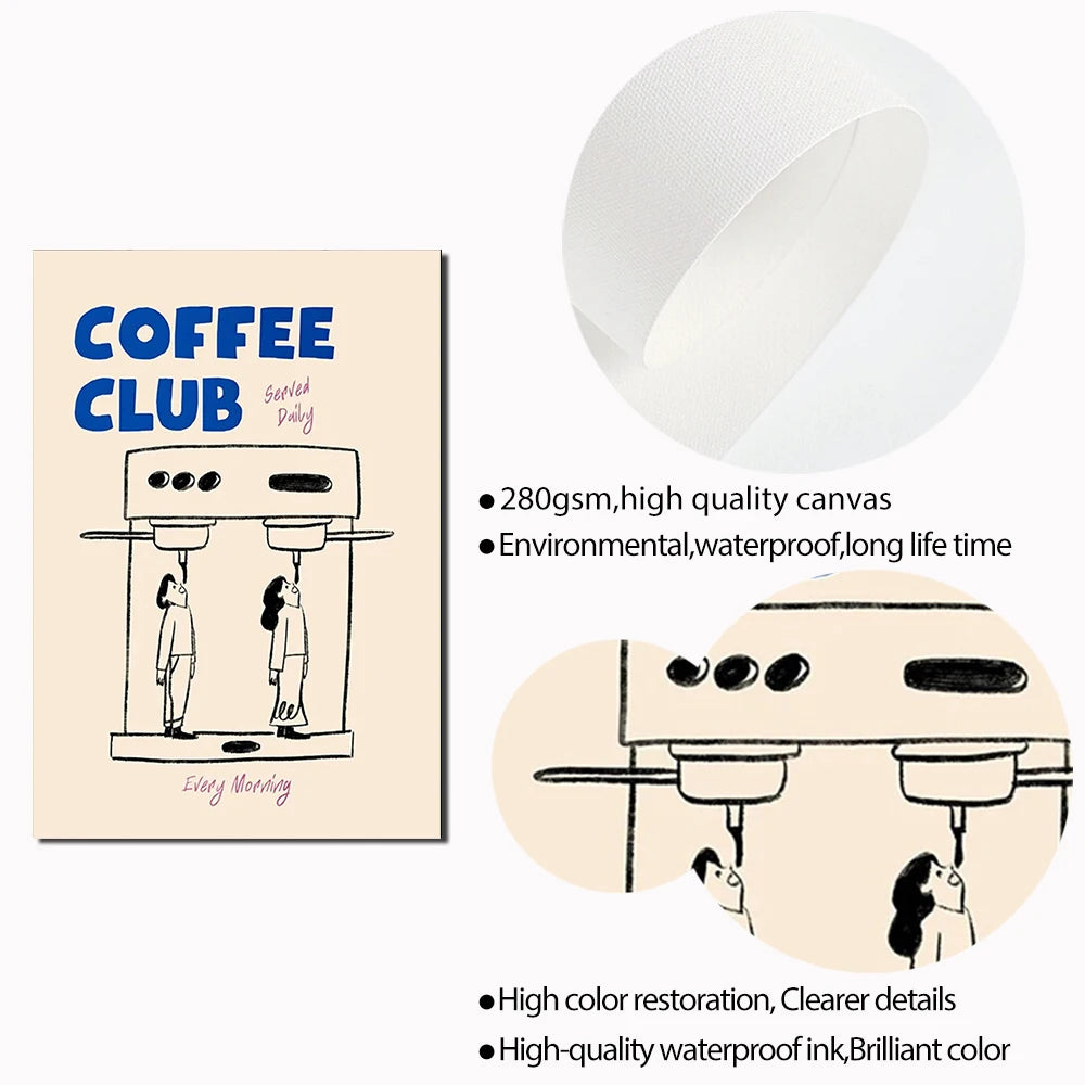 Coffee club poster with coffee machine illustration and product details on a beige background