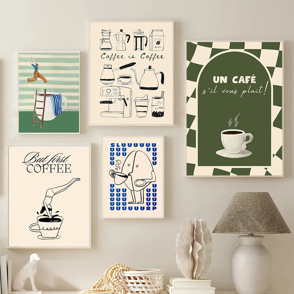 Set of coffee-themed wall art prints on a wall with a lamp and decorative items.