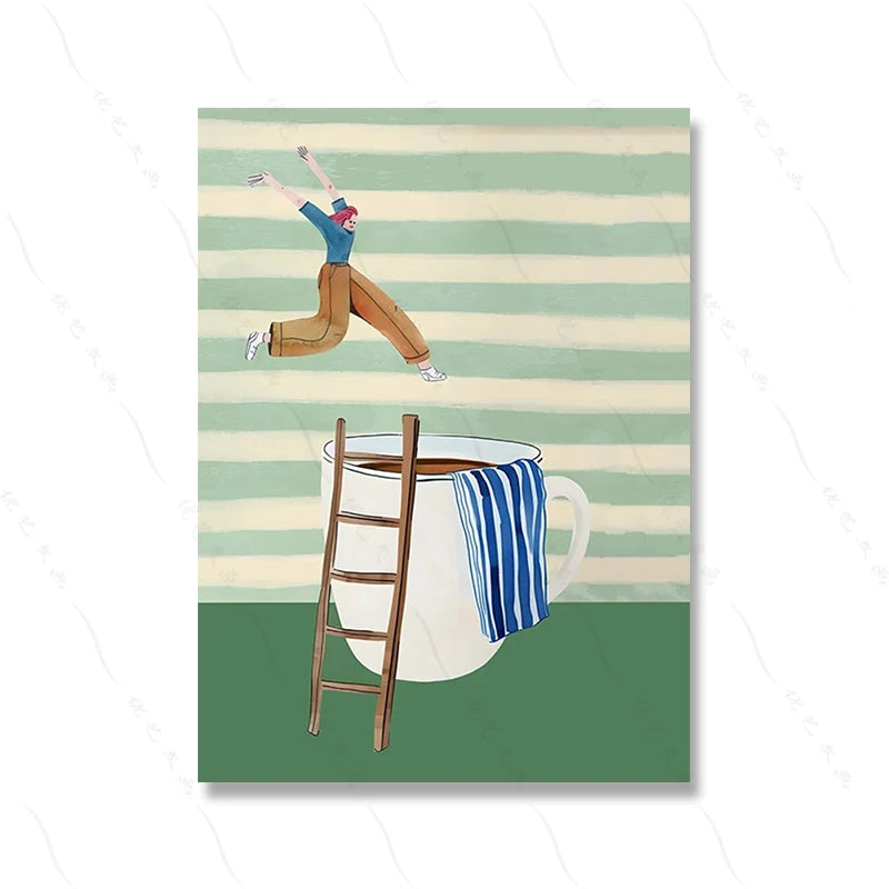 Illustration of a person jumping from a ladder onto a large coffee cup with a striped towel, set against a striped background.