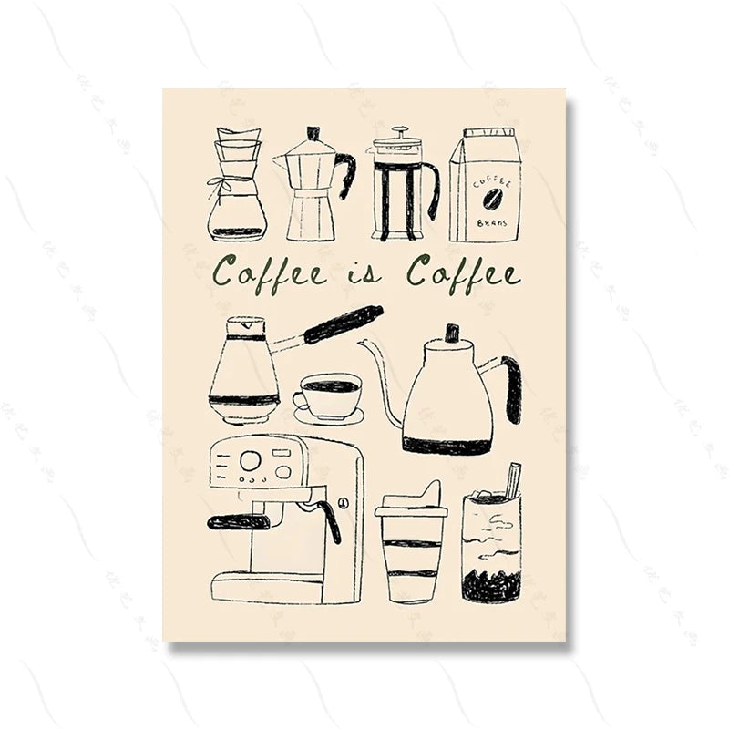 Beige card with black line art illustrations of coffee-making equipment and text 'Coffee is Coffee' on a white background.