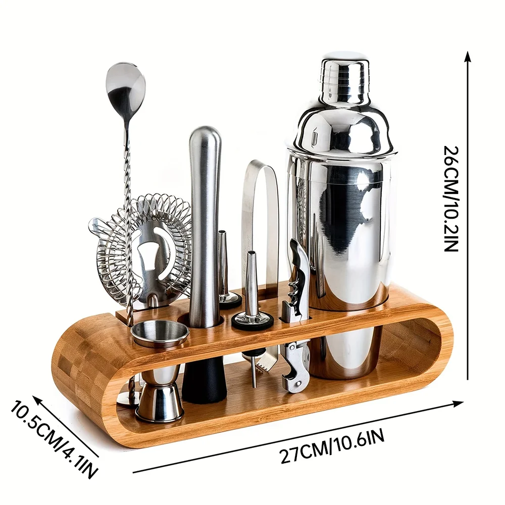 Set of cocktail-making tools on a wooden stand with dimensions indicated.