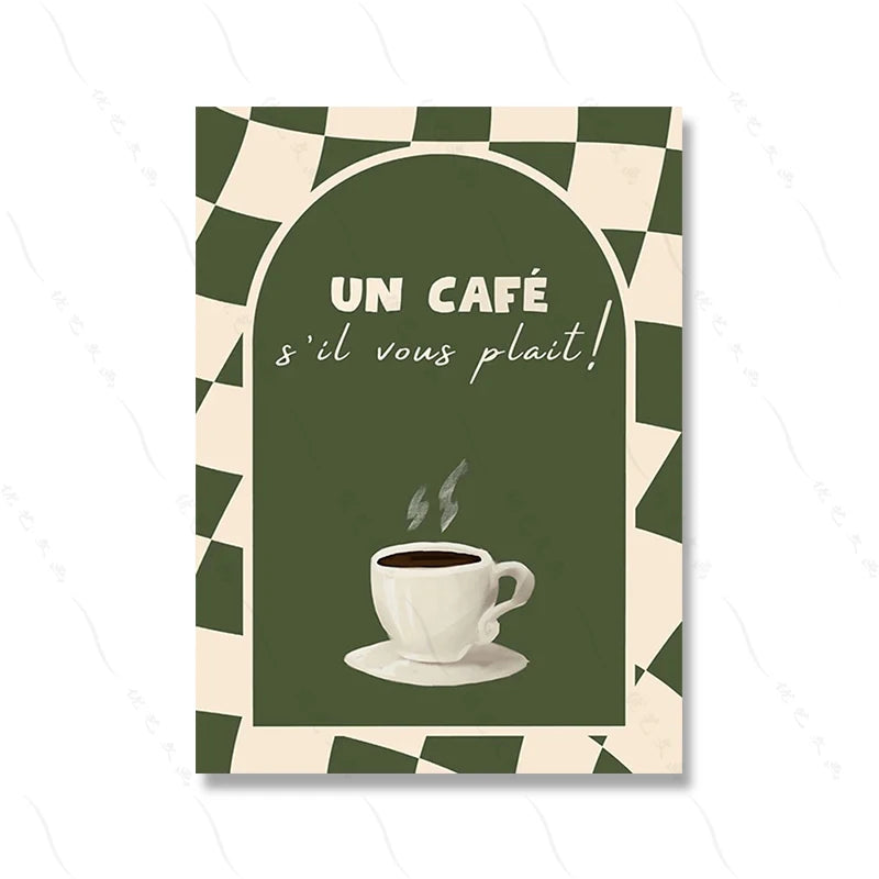 Card with a coffee cup illustration and text 'Un café s'il vous plait' on a green and beige checkered background.