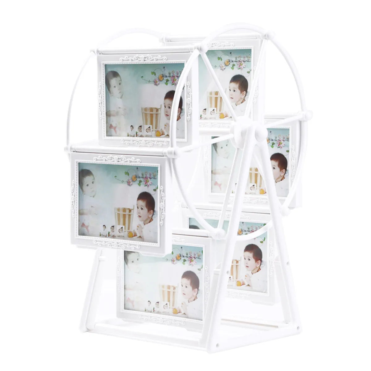 White photo frame with multiple small frames stacked in a wheel-like design