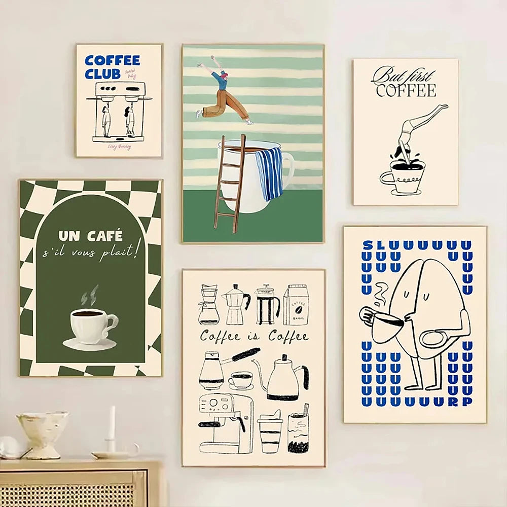 Set of six coffee-themed posters on a wall
