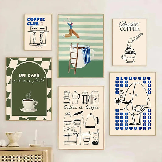 Set of six coffee-themed posters on a wall