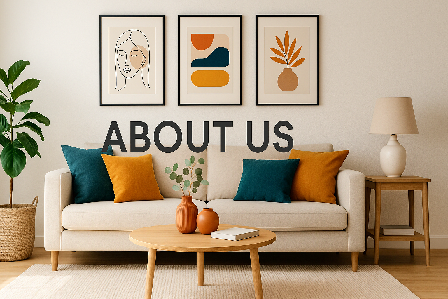 About us - DArtano. Living room with a beige sofa, colorful pillows, and framed art on the wall.