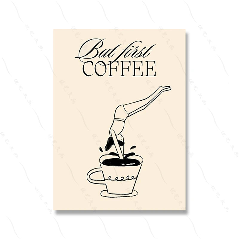 Poster with 'But first, Coffee' text and a hand pouring coffee into a cup on a beige background.