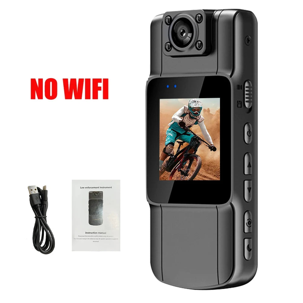 Body camera with screen displaying a cyclist, USB cable, and packaging on a white background.