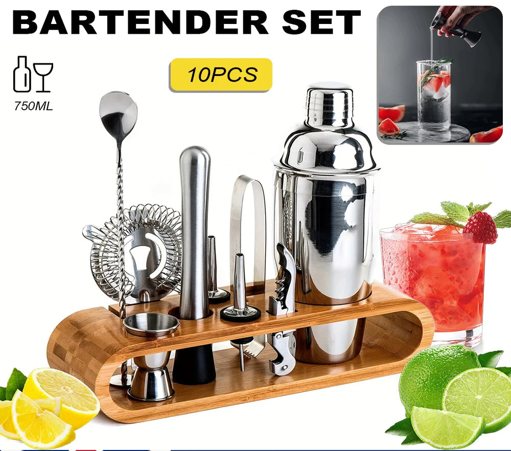 Bartender set with cocktail shaker and tools on a wooden stand, surrounded by cocktail ingredients.