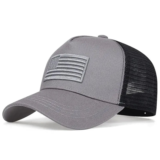 Gray and black cap with American flag patch on a white background