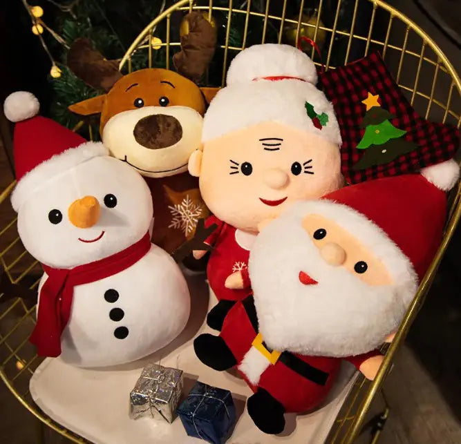 Christmas plush toys featuring Santa, Snowman, Reindeer, and Mrs Claus in 23cm, 40cm, and 50cm sizes for festive home décor