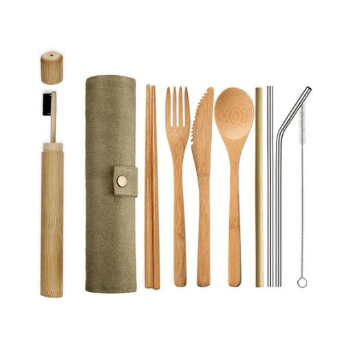 Set of bamboo utensils including fork, knife, spoon, chopsticks, and straws with a carrying case on a white background.