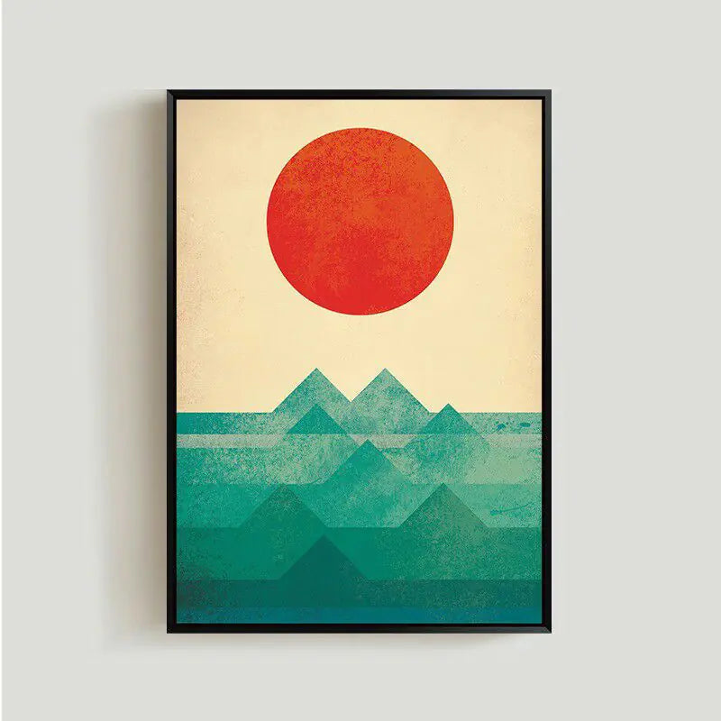 Framed artwork with a red circle and green landscape on a beige background