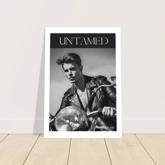 Black and white motorcycle poster â€“ retro Untamed biker wall art print