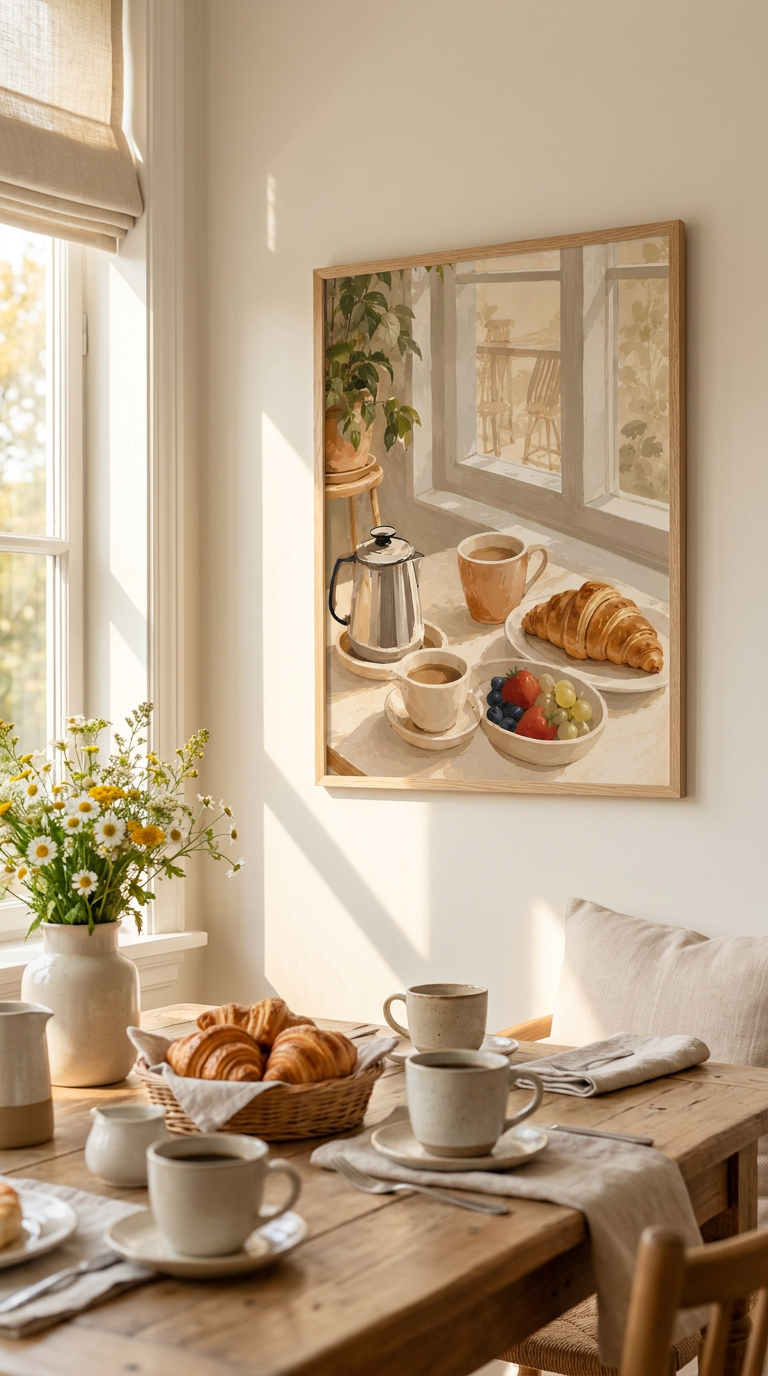 Dining room with a table set for breakfast, including coffee cups, croissants, and a decorative mirror on the wall.