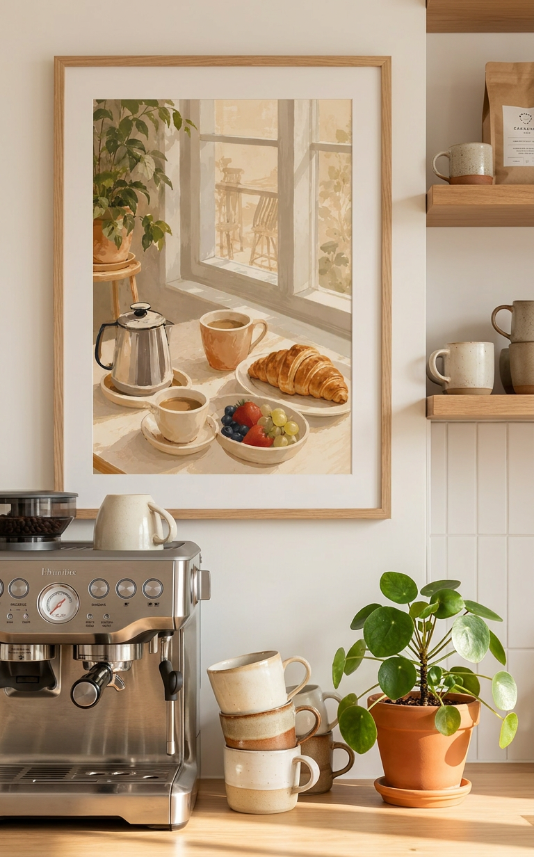 Coffee-making setup with espresso machine, cups, and a framed photo of a coffee shop scene.
