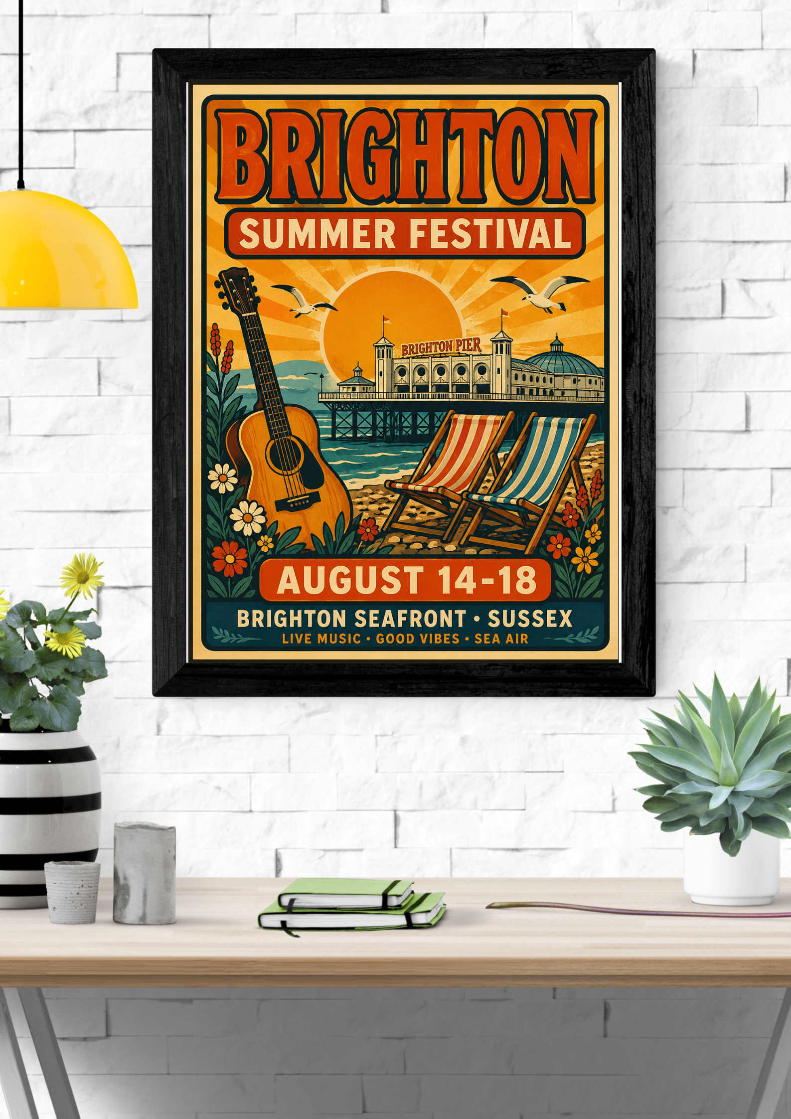 Framed Brighton Summer Festival poster on a wall with decorative elements.