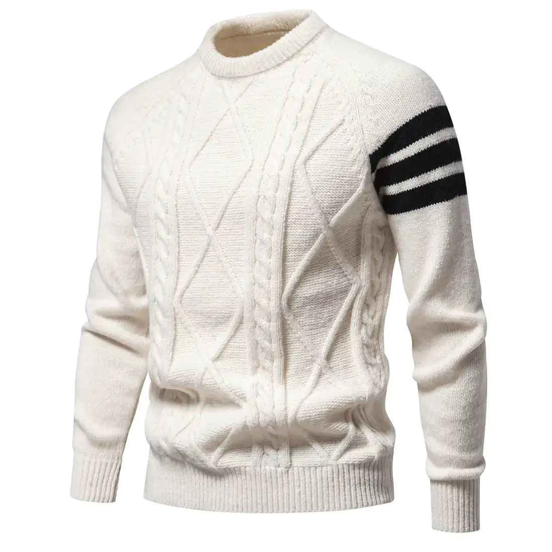 White cable knit sweater with black stripes on sleeves against a white background