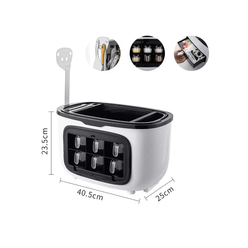 Multifunctional kitchen organizer with dimensions displayed on a white background