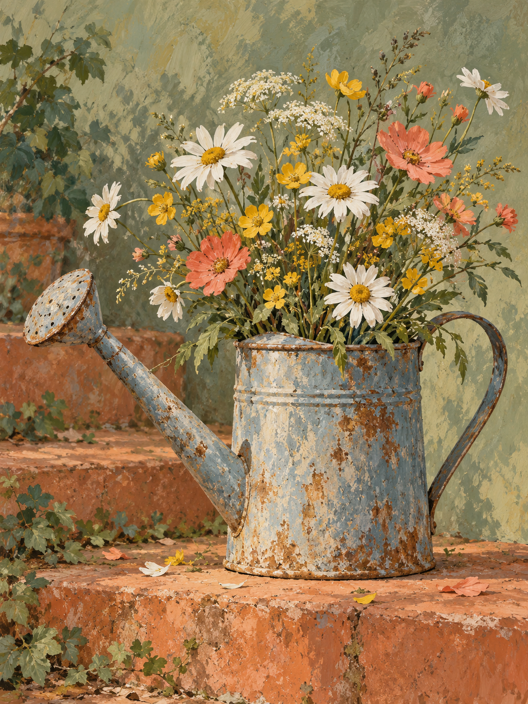 A rustic blue metal watering can filled with white daisies, yellow wildflowers, and coral-pink blossoms, placed on terracotta steps against a textured green wall.