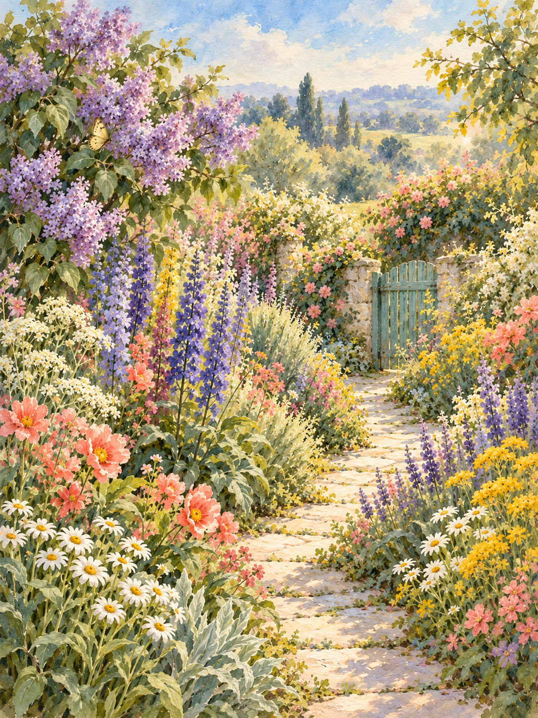 A colorful garden scene with a stone path winding through dense flowers, including purple, pink, yellow, white, and orange blossoms, toward a green gate and distant trees under a soft blue sky.