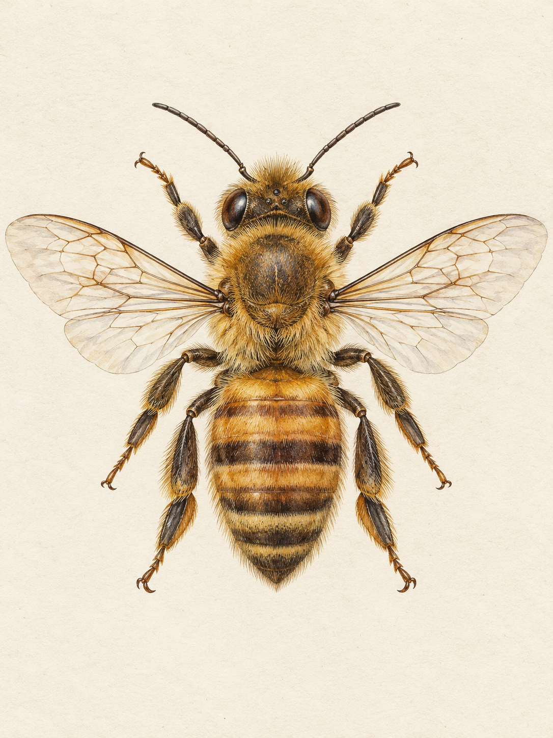 A detailed scientific illustration of a honeybee on a textured cream background.
