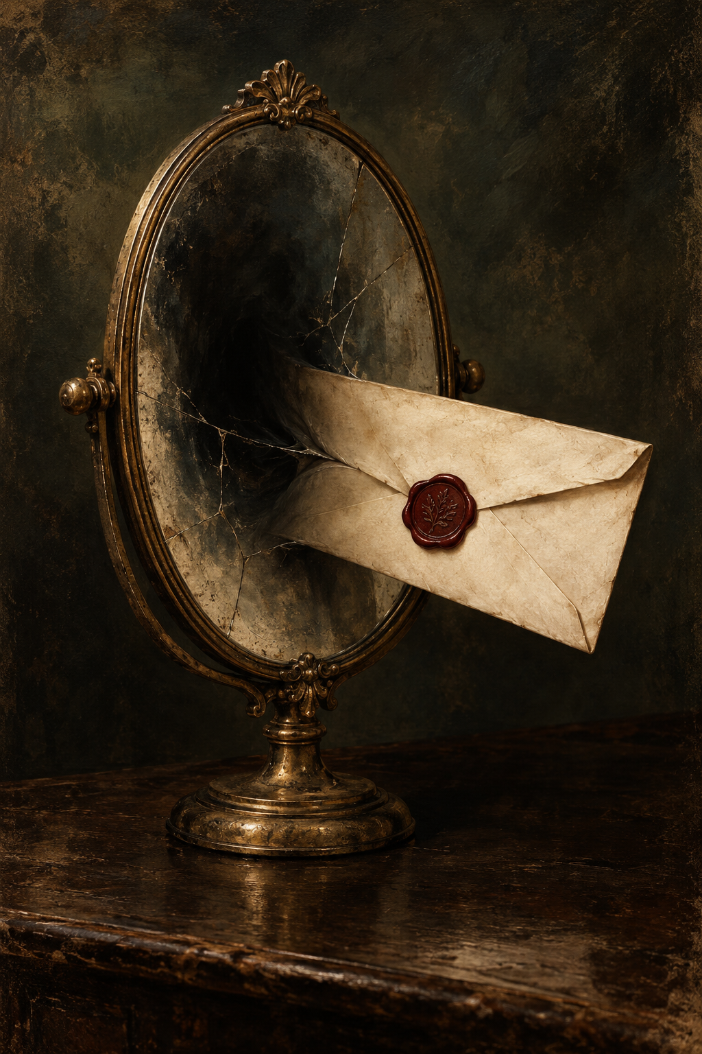 An antique-style oval mirror with a gold-toned frame sits on a dark wooden surface against a moody dark background. A parchment envelope with a red wax seal extends out from the mirror, creating a surreal, vintage-themed composition.