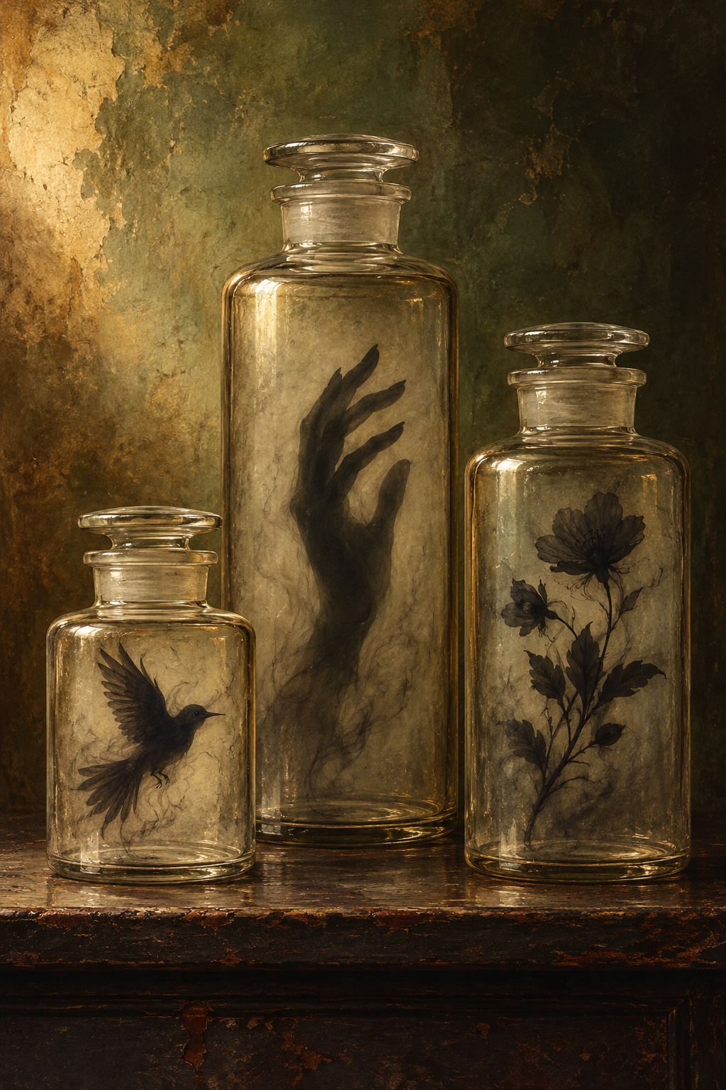 Three vintage-style clear glass apothecary bottles with stoppers sit on a dark wooden surface against a textured mottled green and gold background. The bottles contain dark, ghostly illustrations: a bird in the small bottle, a hand in the tall center bottle, and a flower stem in the right bottle.