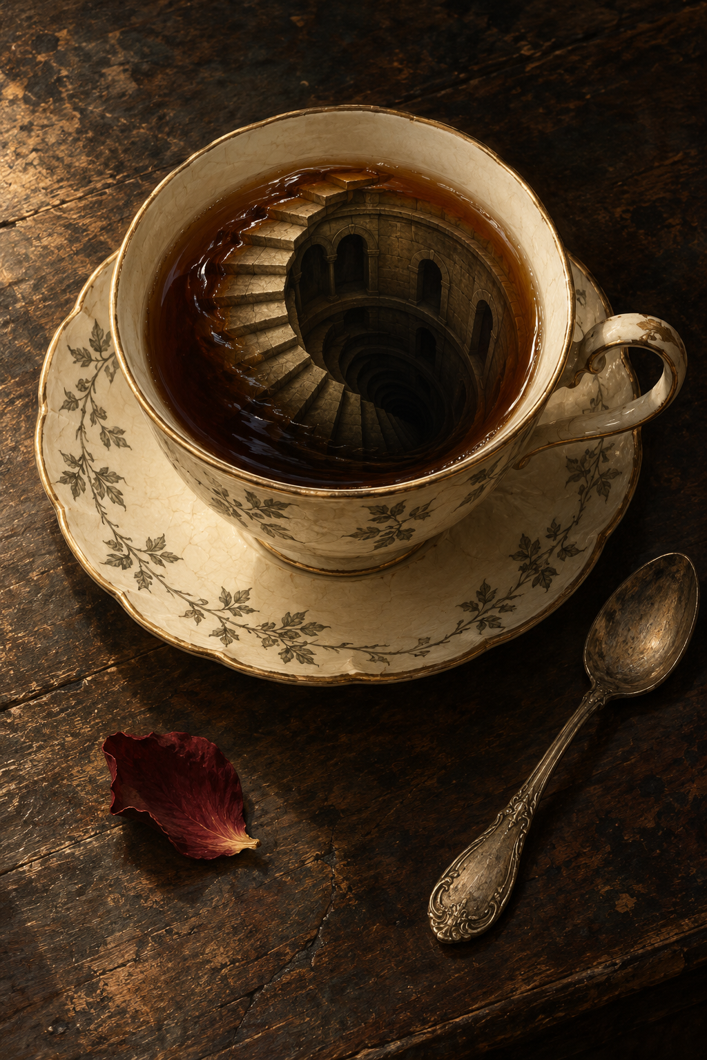 An antique cream teacup contains an impossible stone spiral staircase descending into dark tea. A tarnished spoon and a red rose petal rest on the wooden table beside it.