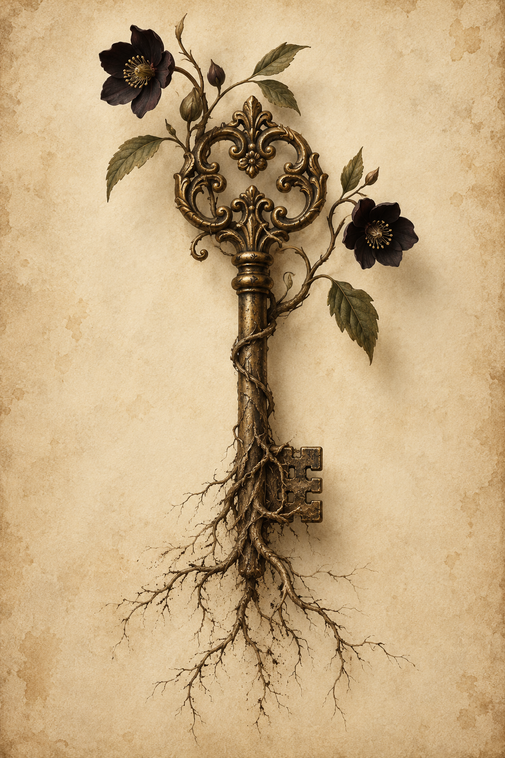 An ornate antique-style metal key with decorative scrollwork and dark flowers growing from the top, set against a textured beige parchment-like background. The key has root-like branches extending downward.