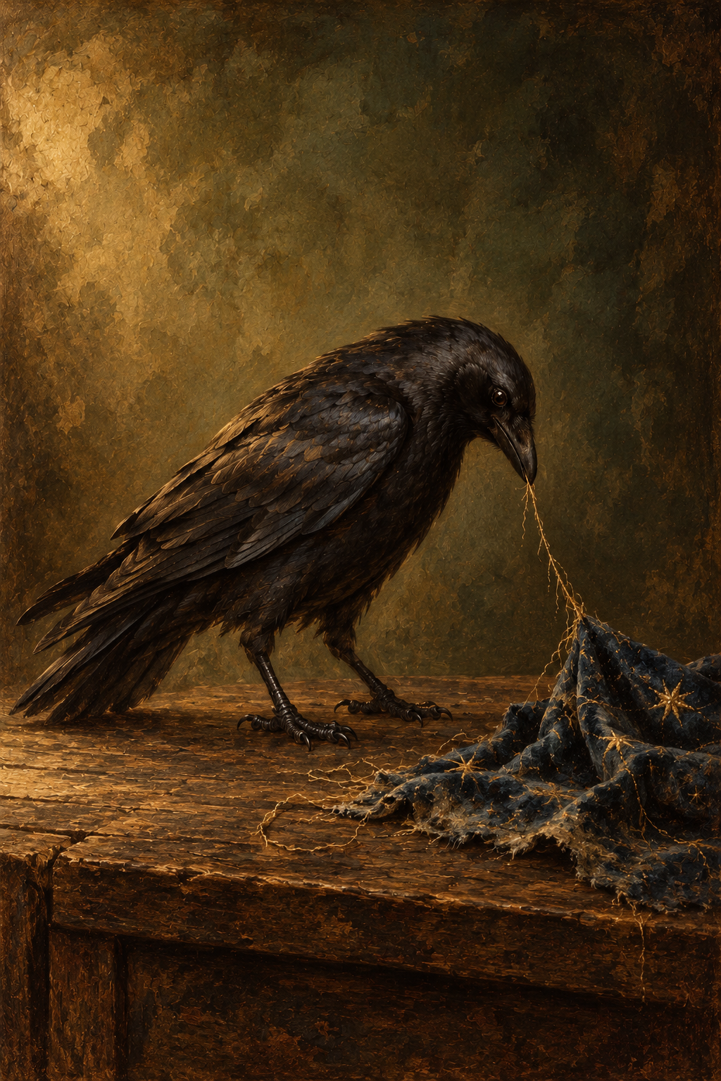 A dark raven perched on a wooden surface, pulling a tattered blue fabric with a golden thread under moody brown and olive lighting.