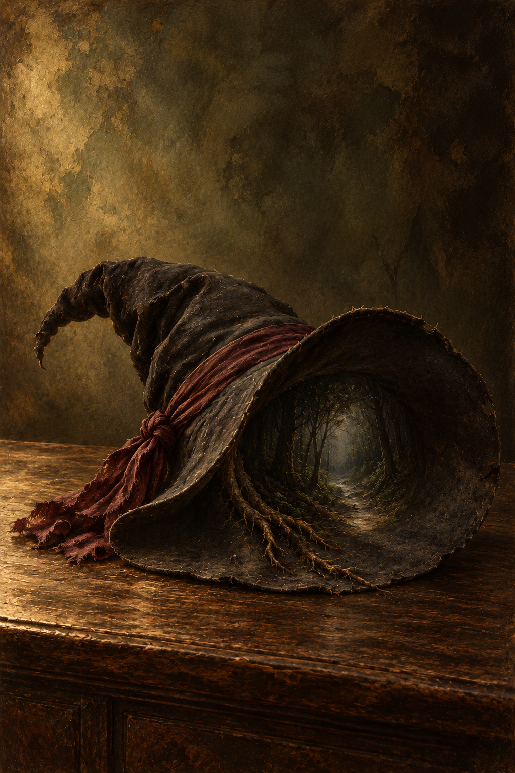 A dark, weathered witch-style pointed hat with a red tassel sits on a wooden table against a moody, textured brown and gold background. The hat's brim curves downward, and the interior opening reveals a surreal forest tunnel perspective.