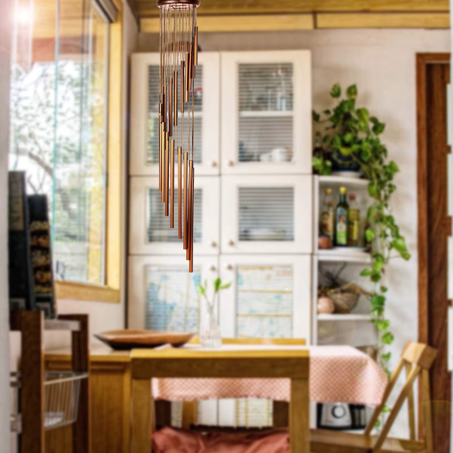 Large metal wind chime hanging outdoor garden decor with long bronze chime tubes