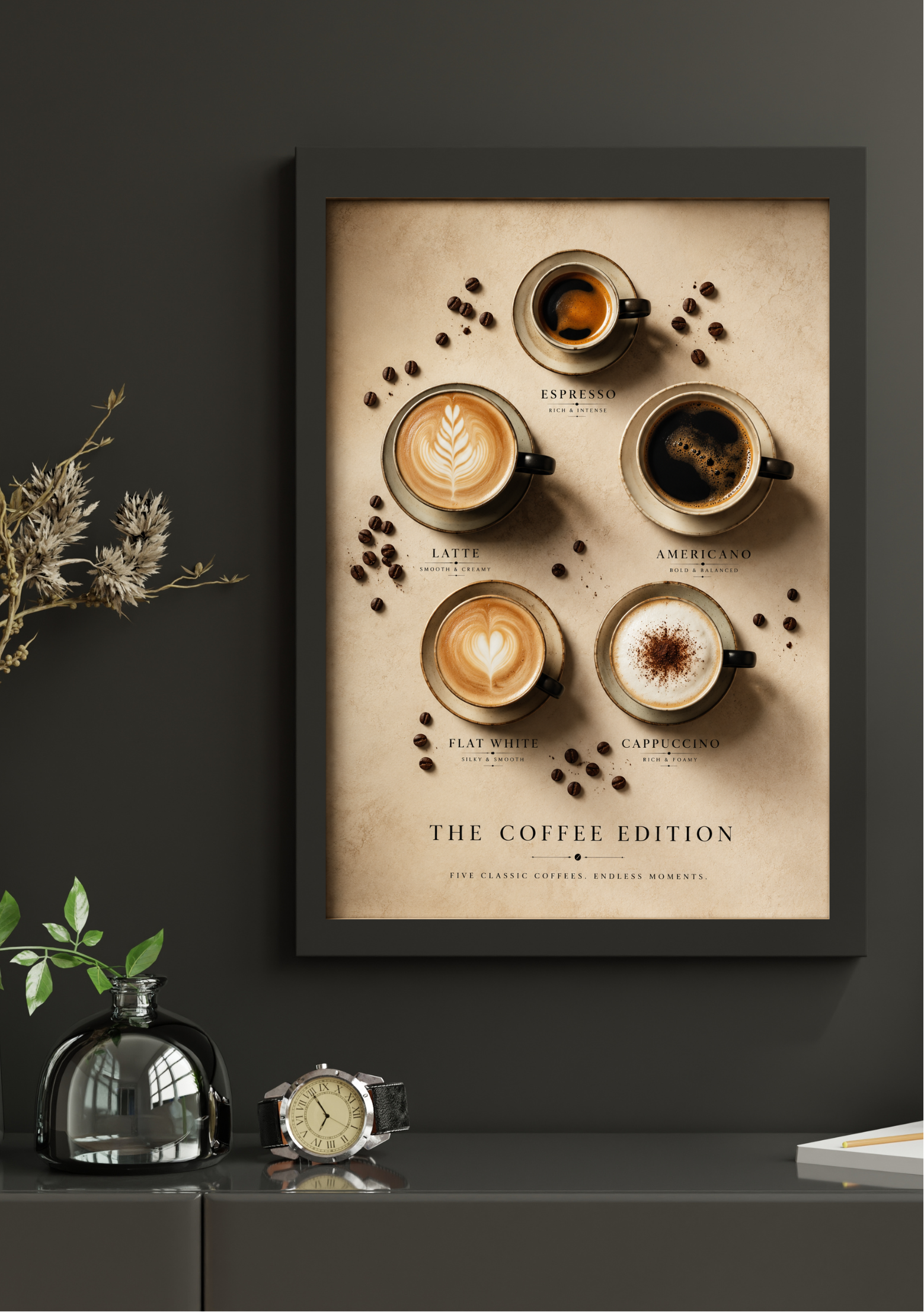 Coffee Guide Poster displayed in a dark modern interior featuring espresso, latte, cappuccino, flat white and americano in a luxury editorial layout.