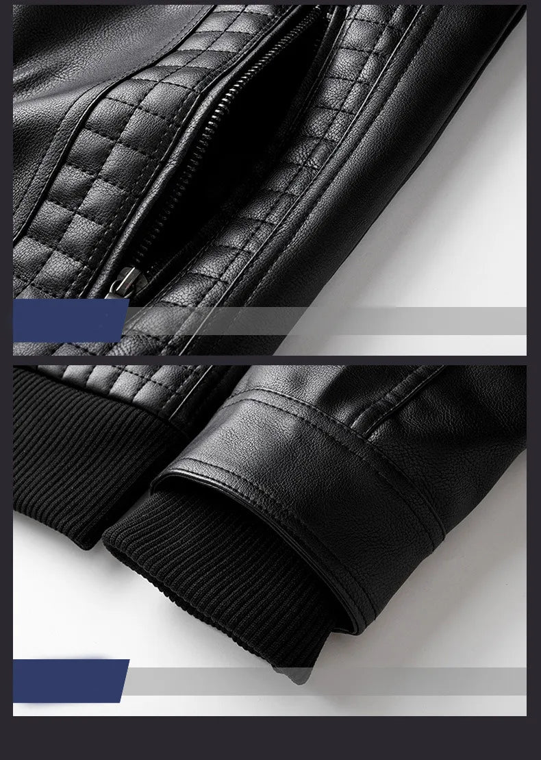 Close-up of a black leather jacket with quilted texture and zipper details.