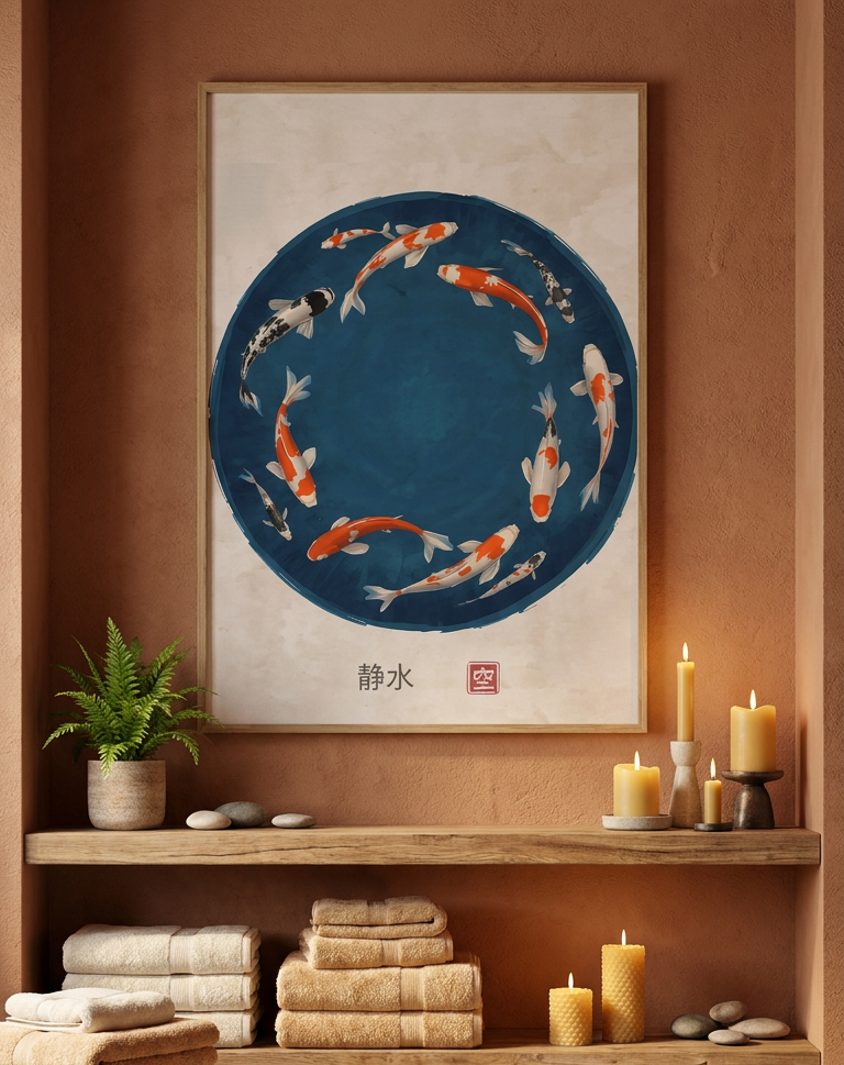 Decorative room with a painting of koi fish, candles, and towels on shelves.