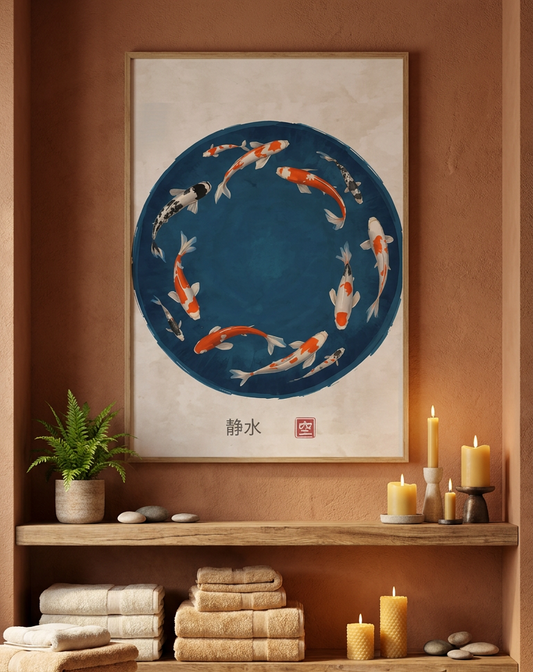 Decorative room with a painting of koi fish, candles, and towels on shelves.