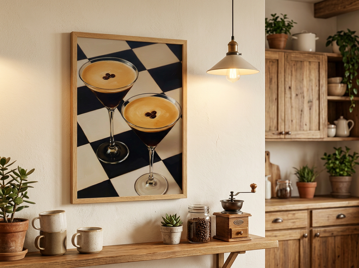 Checkerboard cocktail poster featuring espresso martinis displayed in warm modern kitchen interior