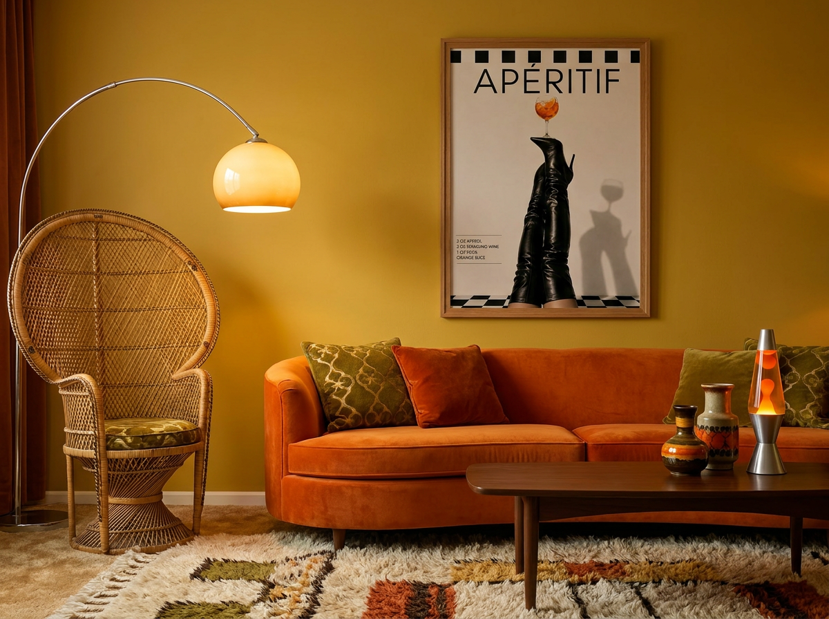 Minimalist aperitif poster displayed above orange sofa in modern retro inspired living room
